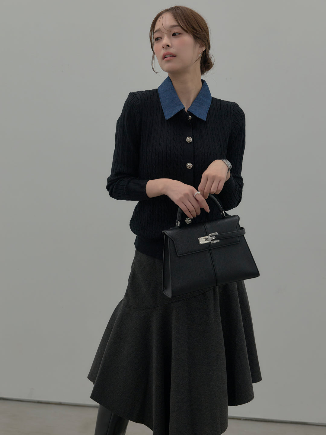 デニム襟アンティークボタンニットトップス