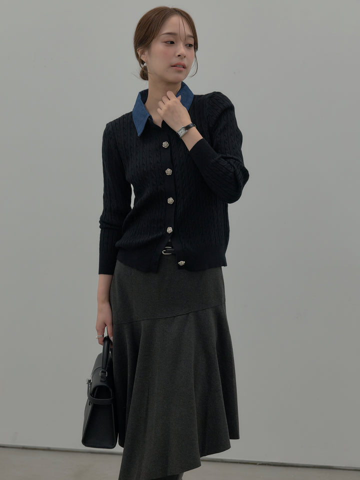 デニム襟アンティークボタンニットトップス