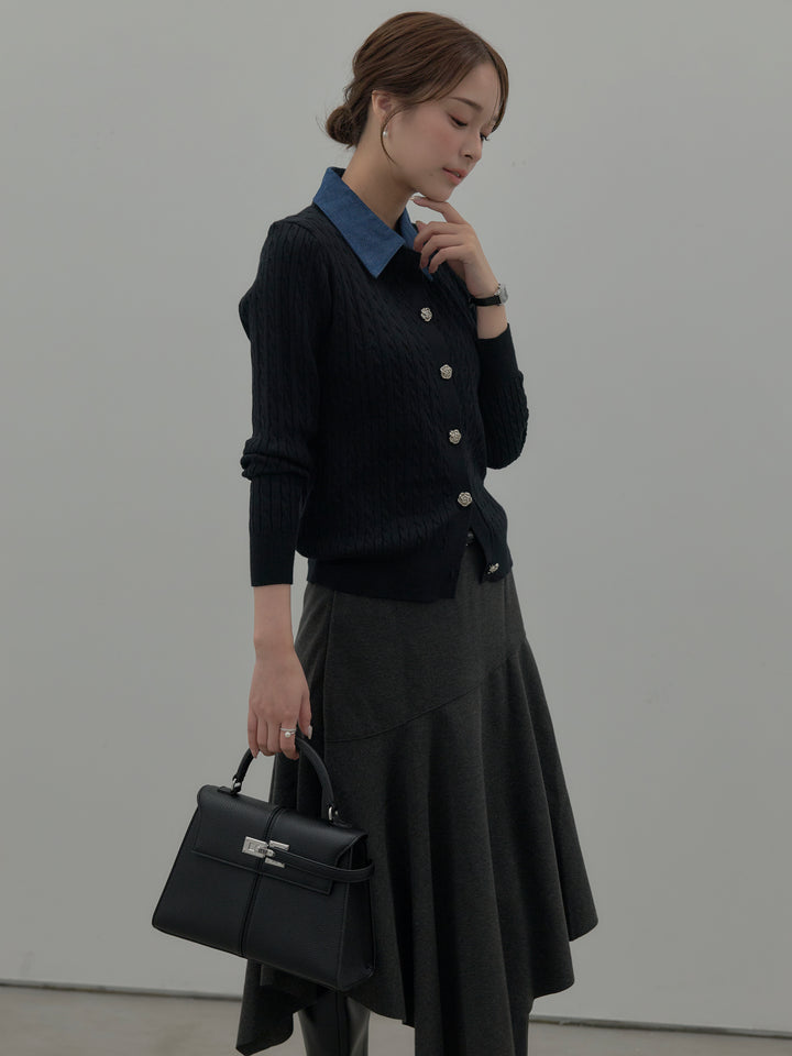 デニム襟アンティークボタンニットトップス