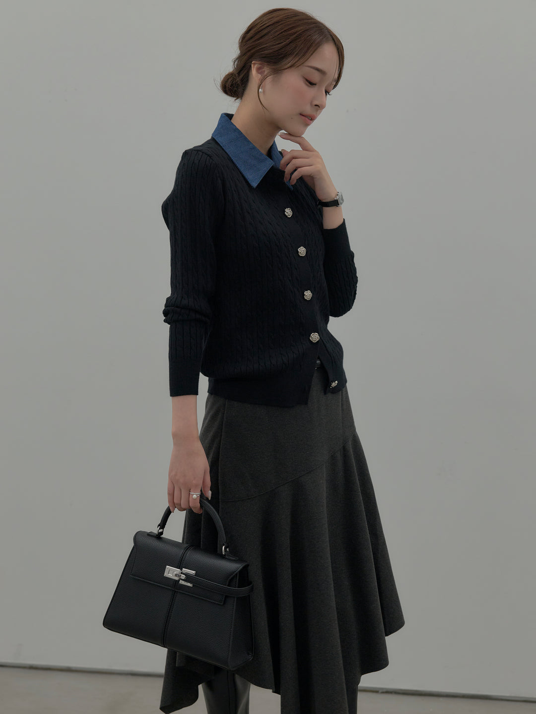 【SET】デニム襟アンティークボタンニットトップス+ミディ丈アシンメトリーフレアスカート(2set)