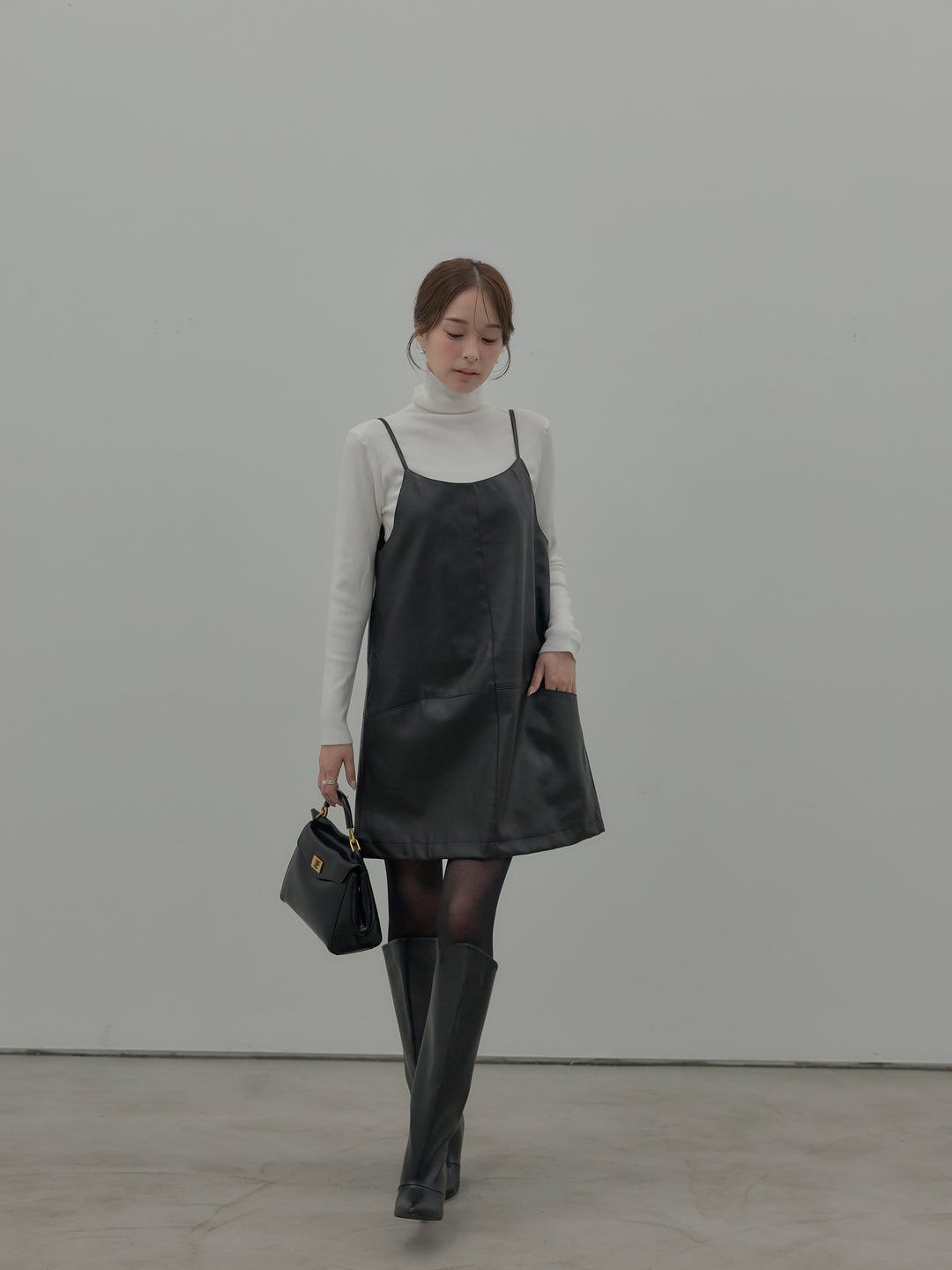 【SET】プードルニットパフスリーブカーディガン+レザーキャミソールワンピース+ベーシックリブタートルネック(3set)