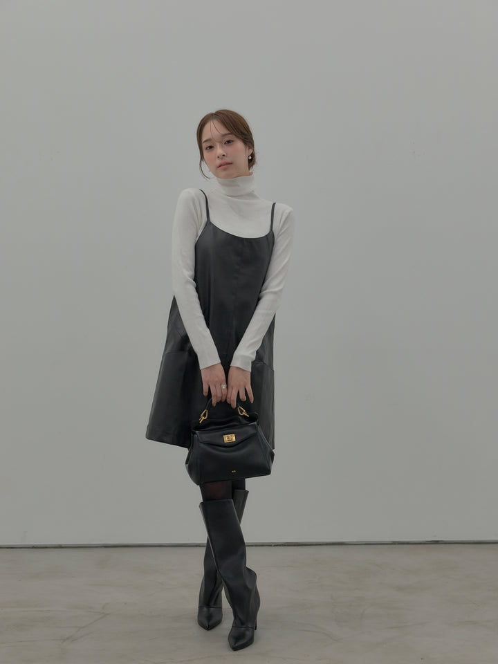 【SET】プードルニットパフスリーブカーディガン+レザーキャミソールワンピース+ベーシックリブタートルネック(3set)