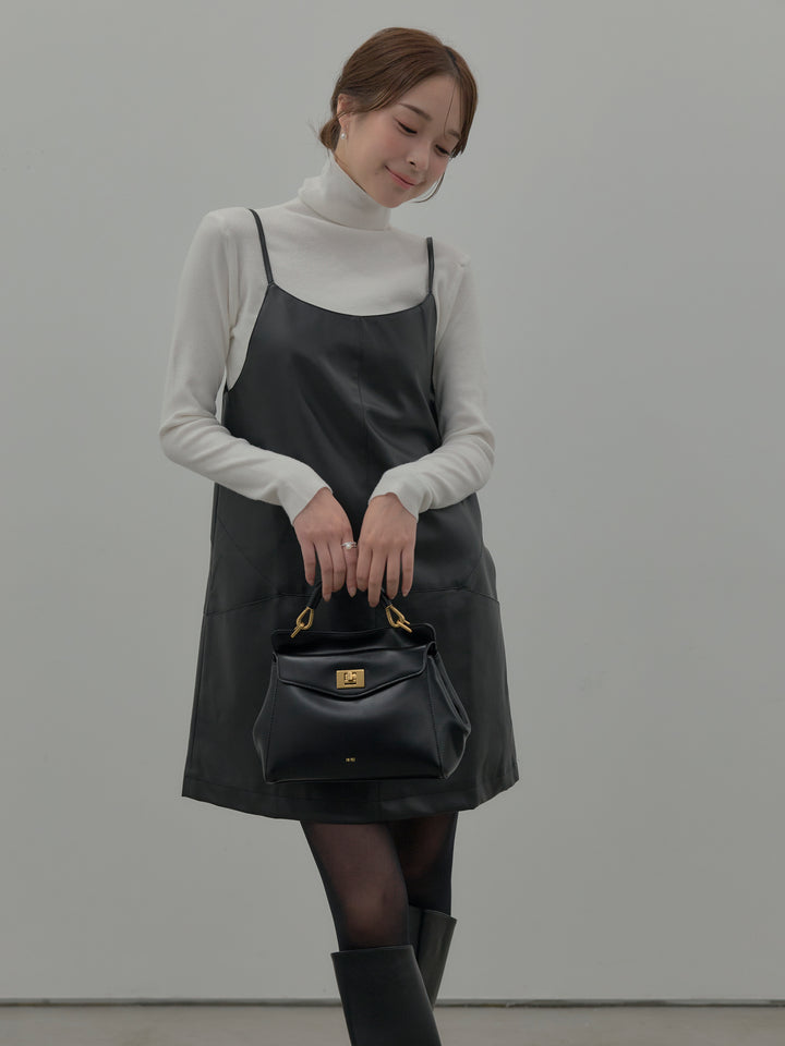 【SET】プードルニットパフスリーブカーディガン+レザーキャミソールワンピース+ベーシックリブタートルネック(3set)