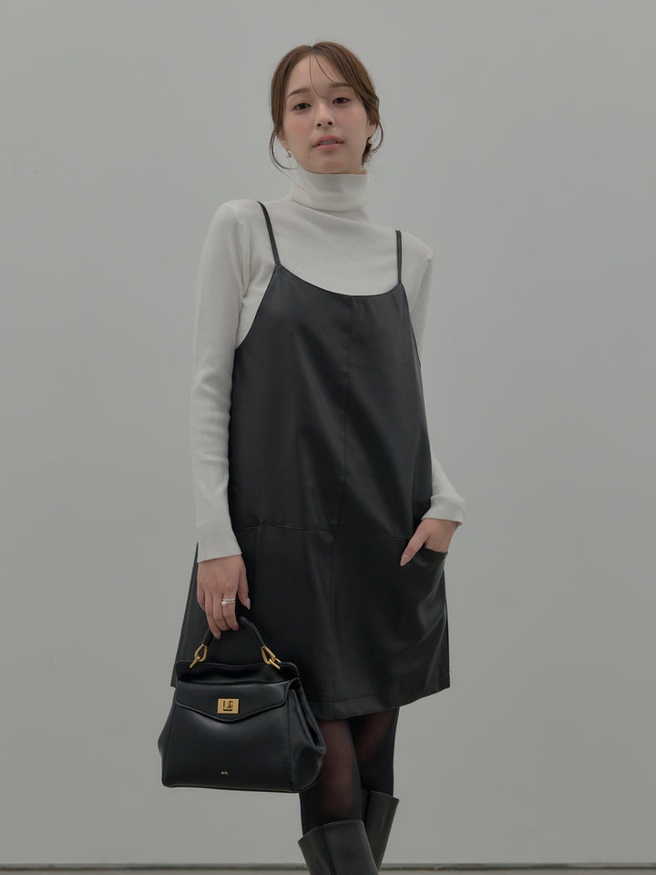 【SET】プードルニットパフスリーブカーディガン+レザーキャミソールワンピース(2set)