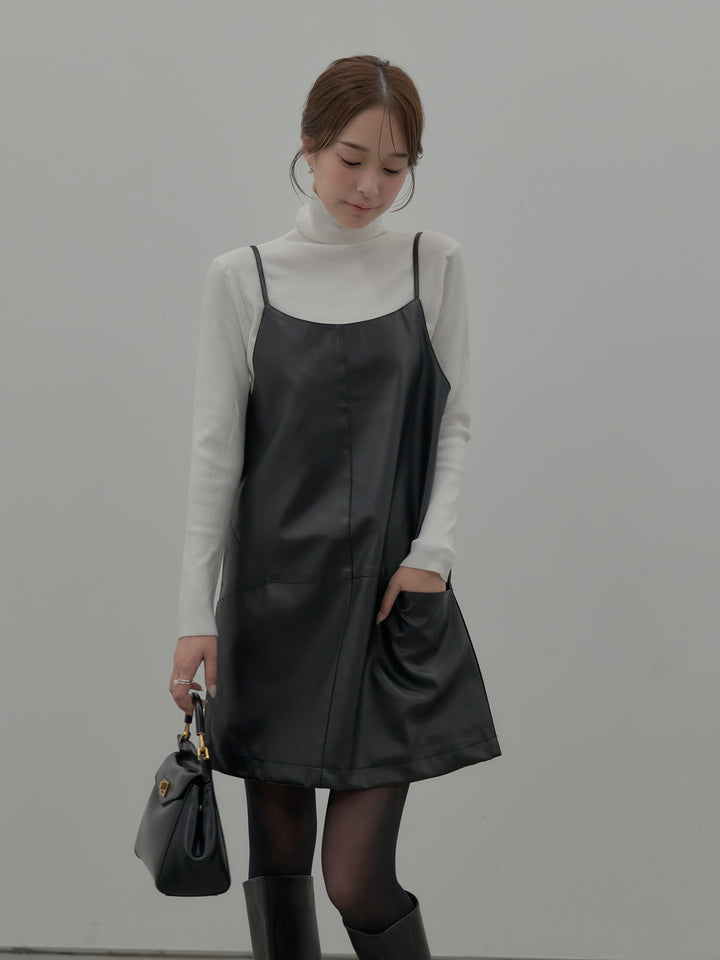 【SET】プードルニットパフスリーブカーディガン+レザーキャミソールワンピース+ベーシックリブタートルネック(3set)