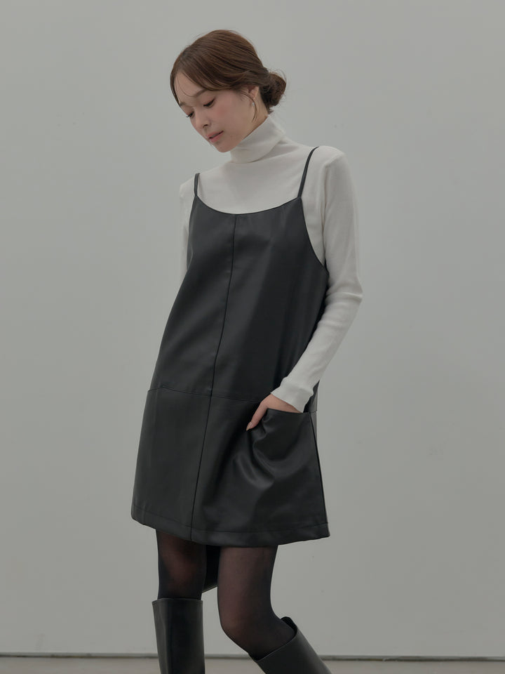 【SET】レザーキャミソールワンピース+ベーシックリブタートルネック(2set)