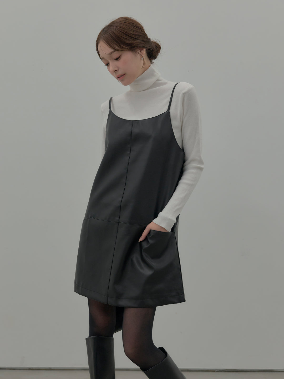 【SET】プードルニットパフスリーブカーディガン+レザーキャミソールワンピース(2set)