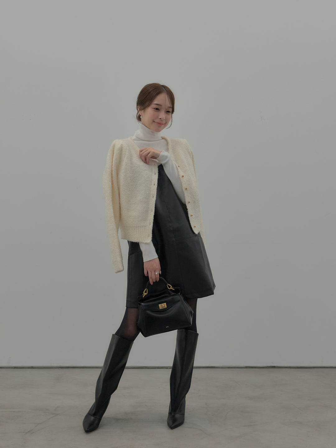 【SET】プードルニットパフスリーブカーディガン+レザーキャミソールワンピース+ベーシックリブタートルネック(3set)