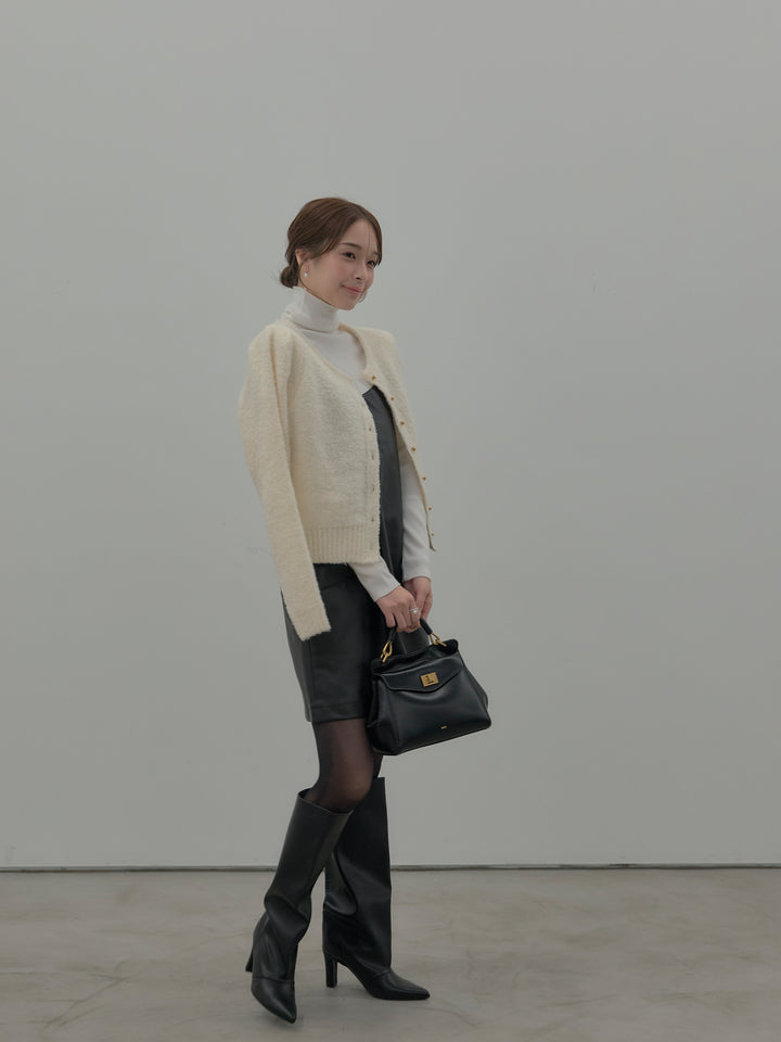 【SET】プードルニットパフスリーブカーディガン+レザーキャミソールワンピース+ベーシックリブタートルネック(3set)