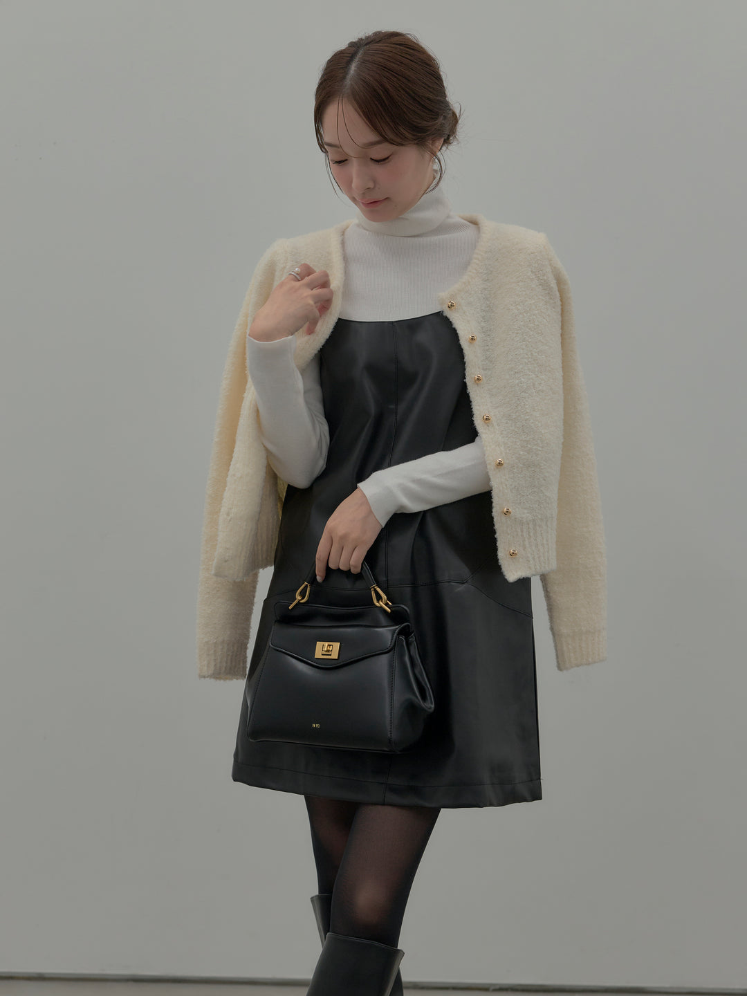 【SET】レザーキャミソールワンピース+ベーシックリブタートルネック(2set)