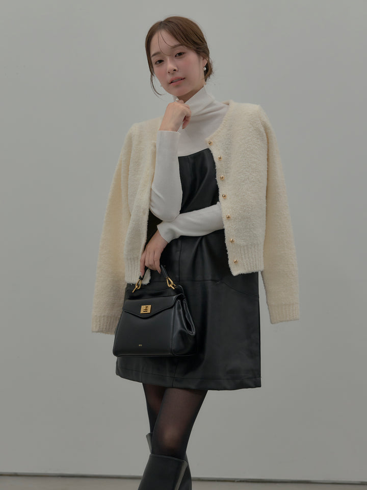 【SET】プードルニットパフスリーブカーディガン+レザーキャミソールワンピース+ベーシックリブタートルネック(3set)