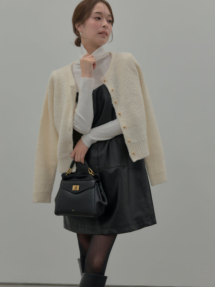 【SET】プードルニットパフスリーブカーディガン+レザーキャミソールワンピース(2set)