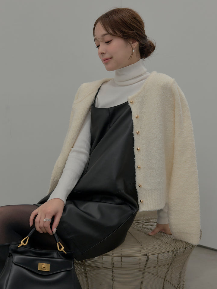 【SET】プードルニットパフスリーブカーディガン+レザーキャミソールワンピース(2set)