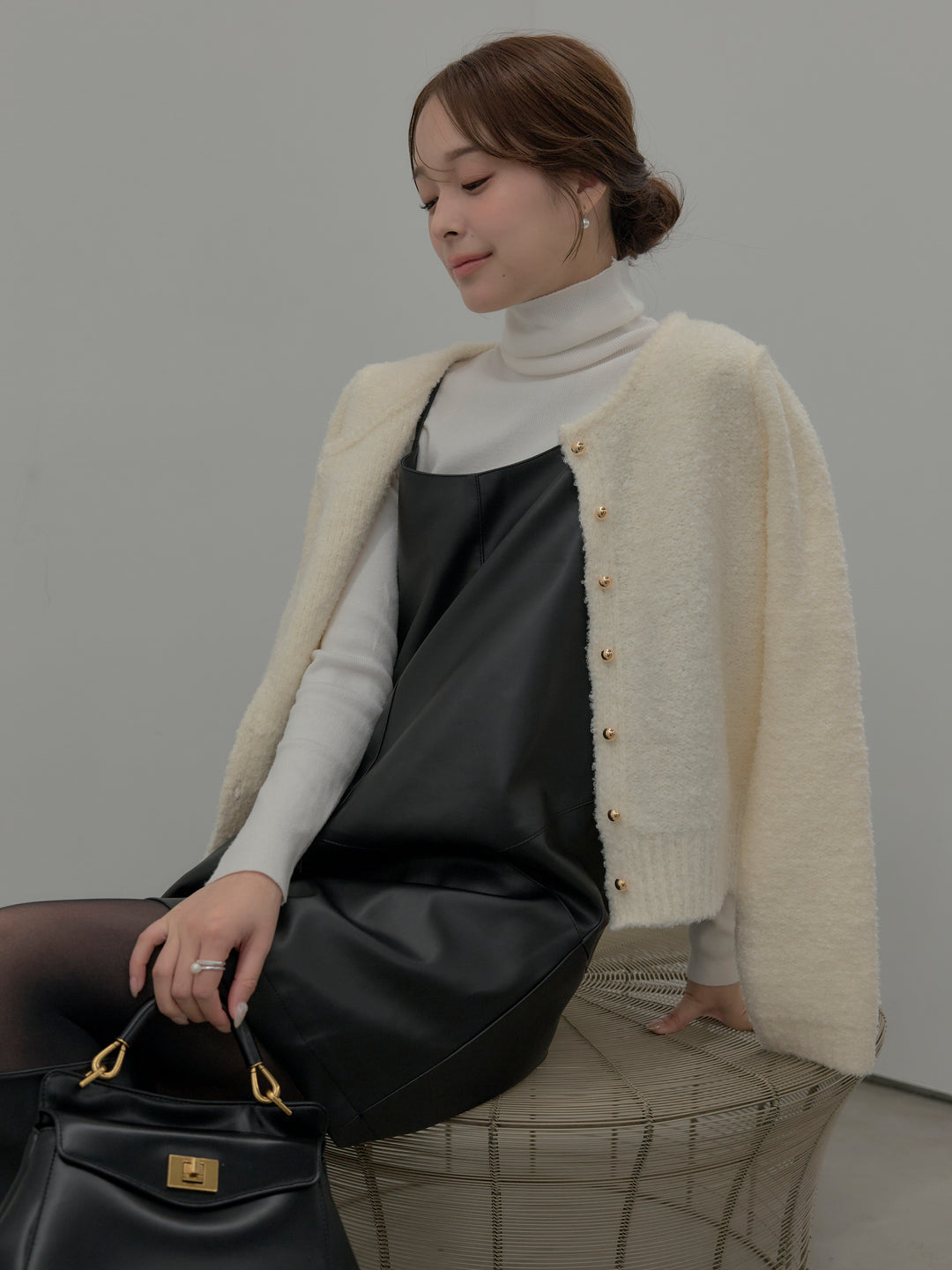 【SET】レザーキャミソールワンピース+ベーシックリブタートルネック(2set)