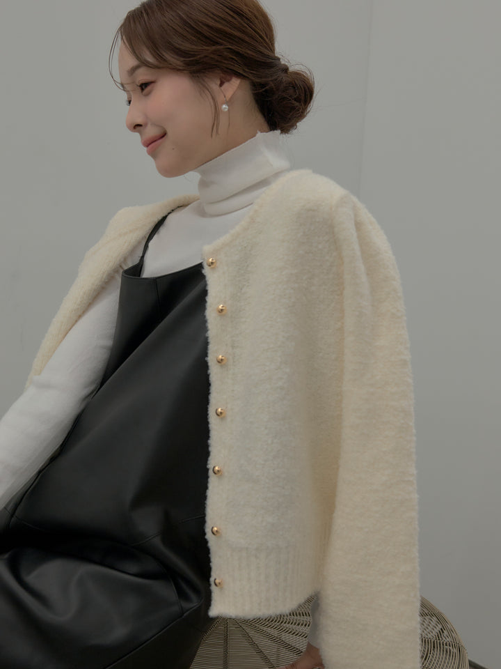 【SET】プードルニットパフスリーブカーディガン+レザーキャミソールワンピース+ベーシックリブタートルネック(3set)