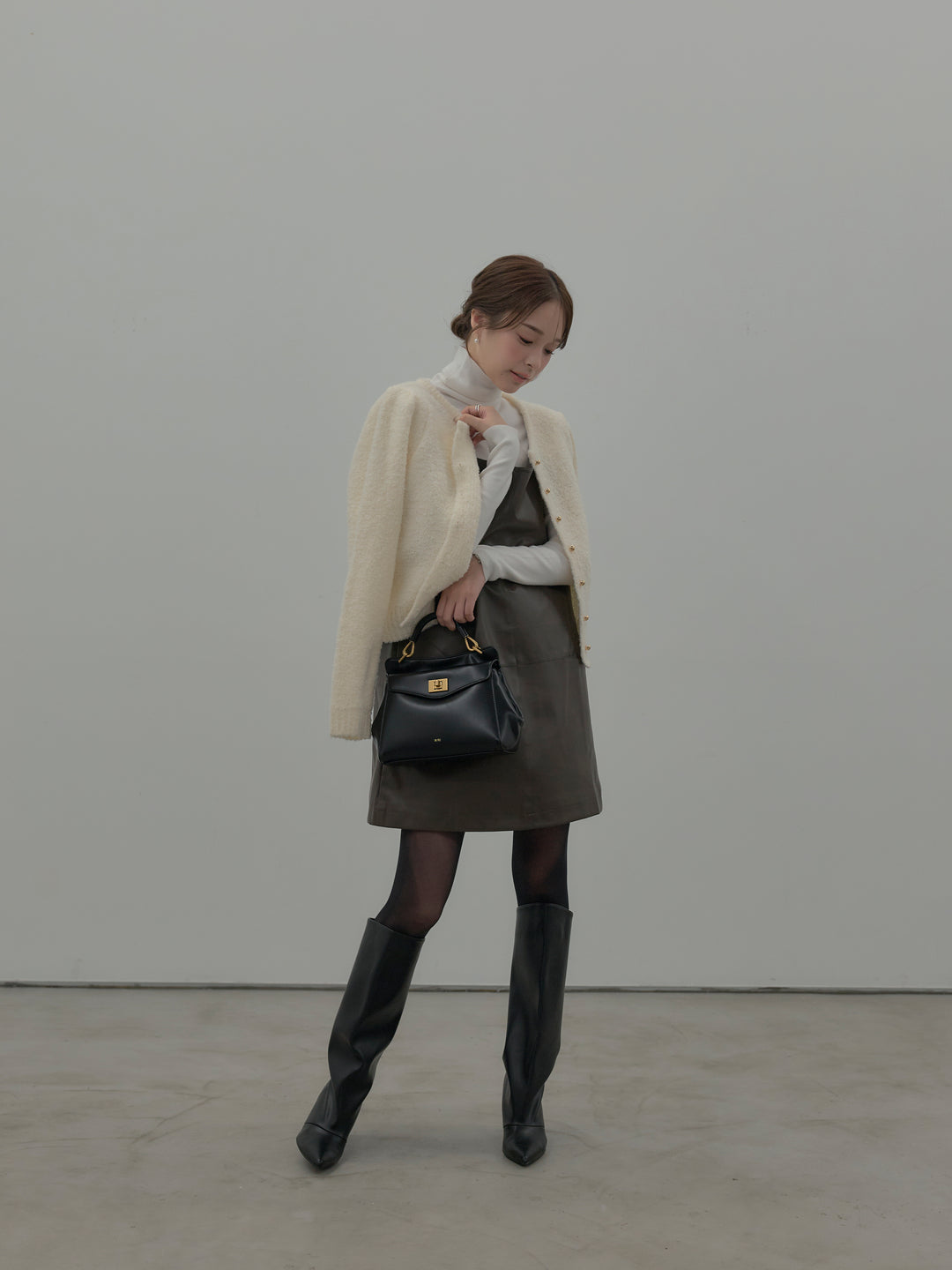 【SET】レザーキャミソールワンピース+ベーシックリブタートルネック(2set)