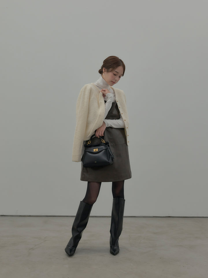 【SET】プードルニットパフスリーブカーディガン+レザーキャミソールワンピース+ベーシックリブタートルネック(3set)