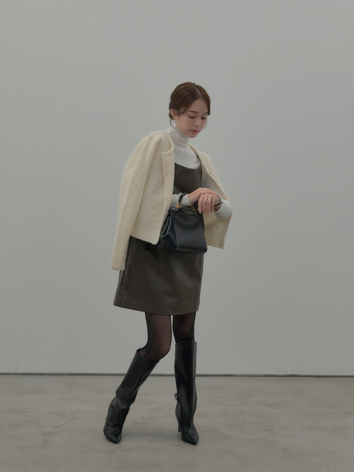 【SET】プードルニットパフスリーブカーディガン+レザーキャミソールワンピース+ベーシックリブタートルネック(3set)