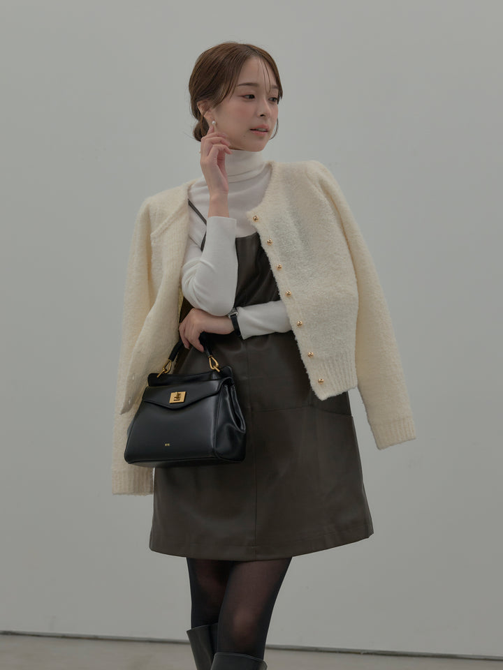 【SET】プードルニットパフスリーブカーディガン+レザーキャミソールワンピース(2set)