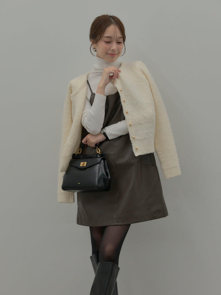 【SET】プードルニットパフスリーブカーディガン+レザーキャミソールワンピース(2set)