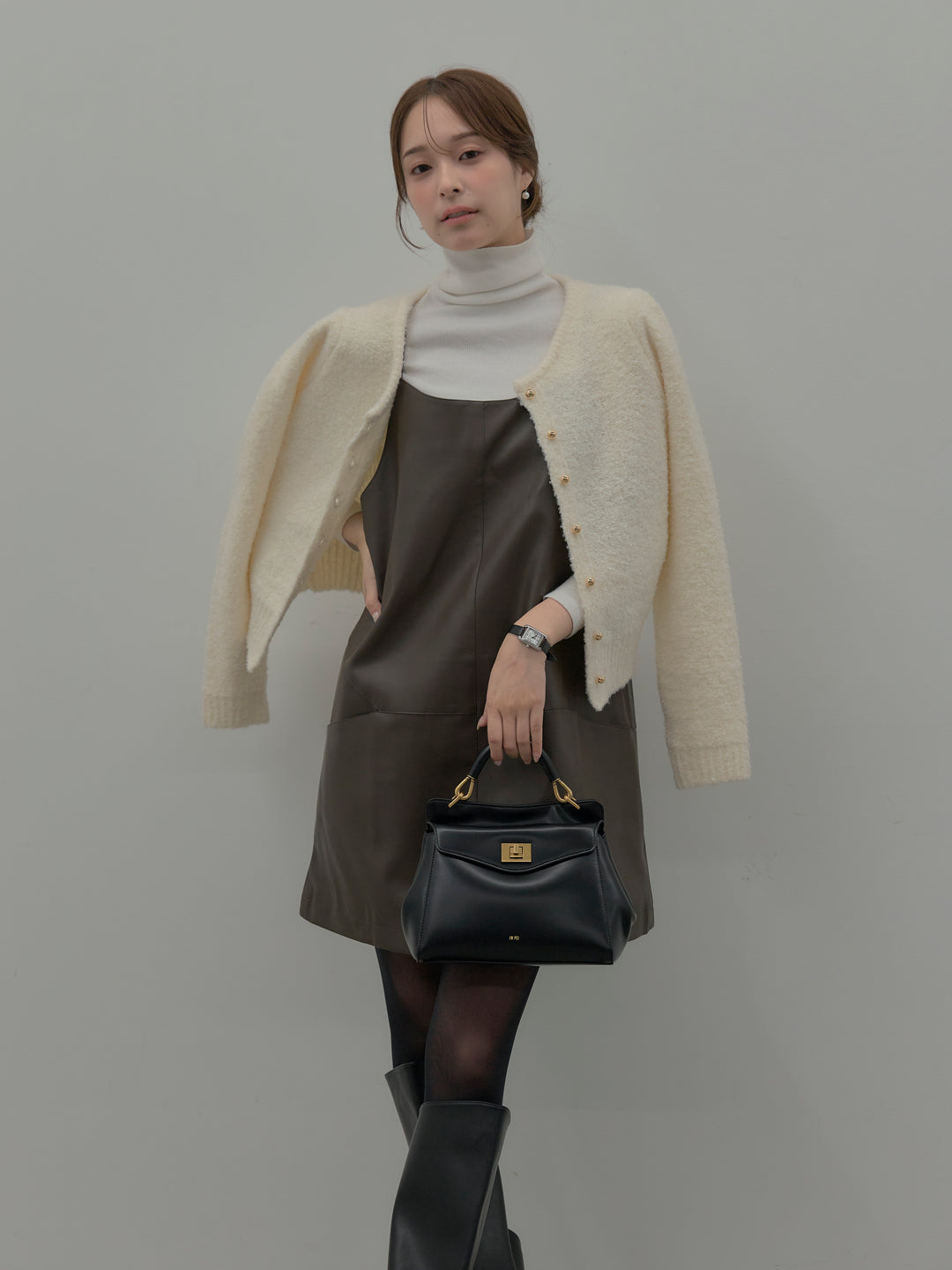 【SET】プードルニットパフスリーブカーディガン+レザーキャミソールワンピース(2set)