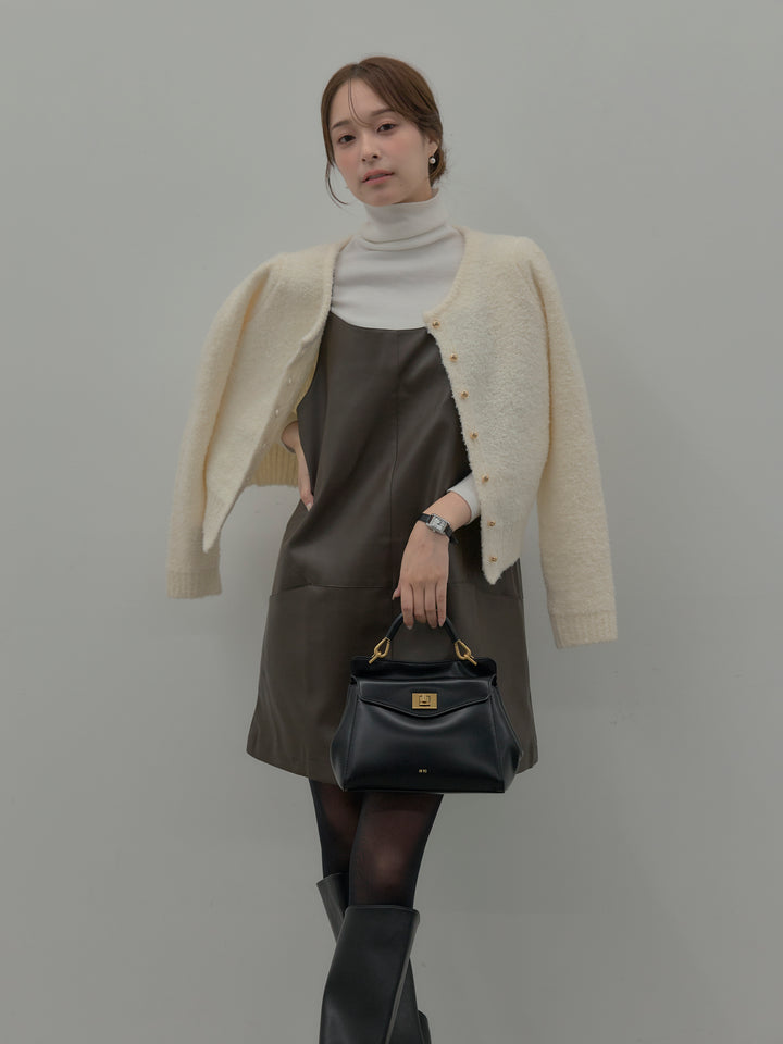 【SET】プードルニットパフスリーブカーディガン+レザーキャミソールワンピース(2set)