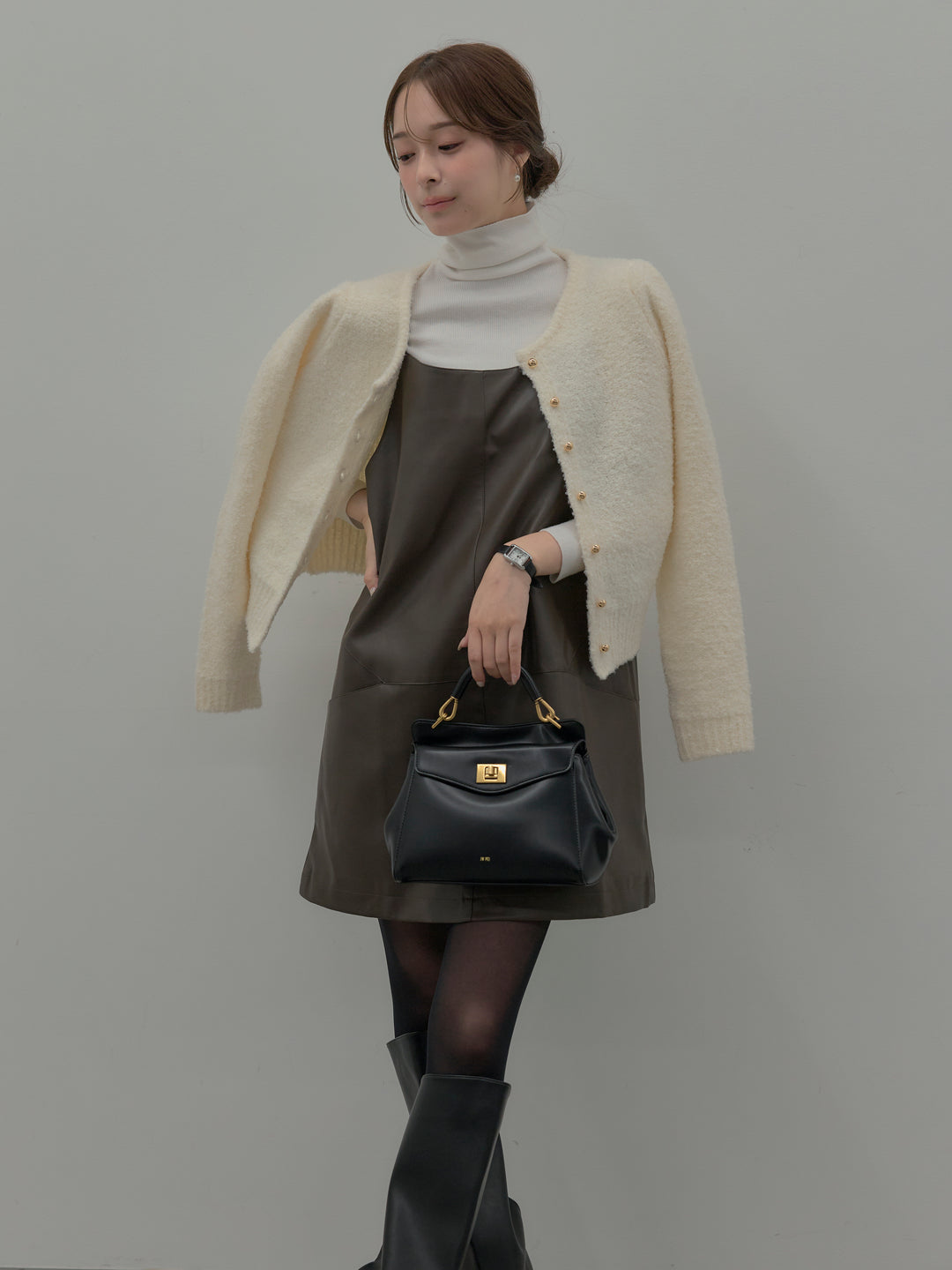 【SET】レザーキャミソールワンピース+ベーシックリブタートルネック(2set)