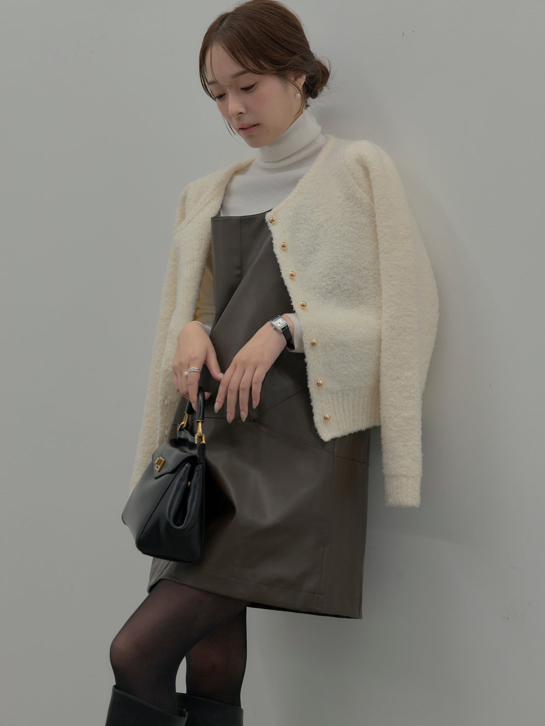 【SET】プードルニットパフスリーブカーディガン+レザーキャミソールワンピース(2set)