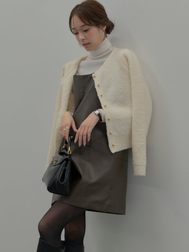 【SET】プードルニットパフスリーブカーディガン+レザーキャミソールワンピース(2set)