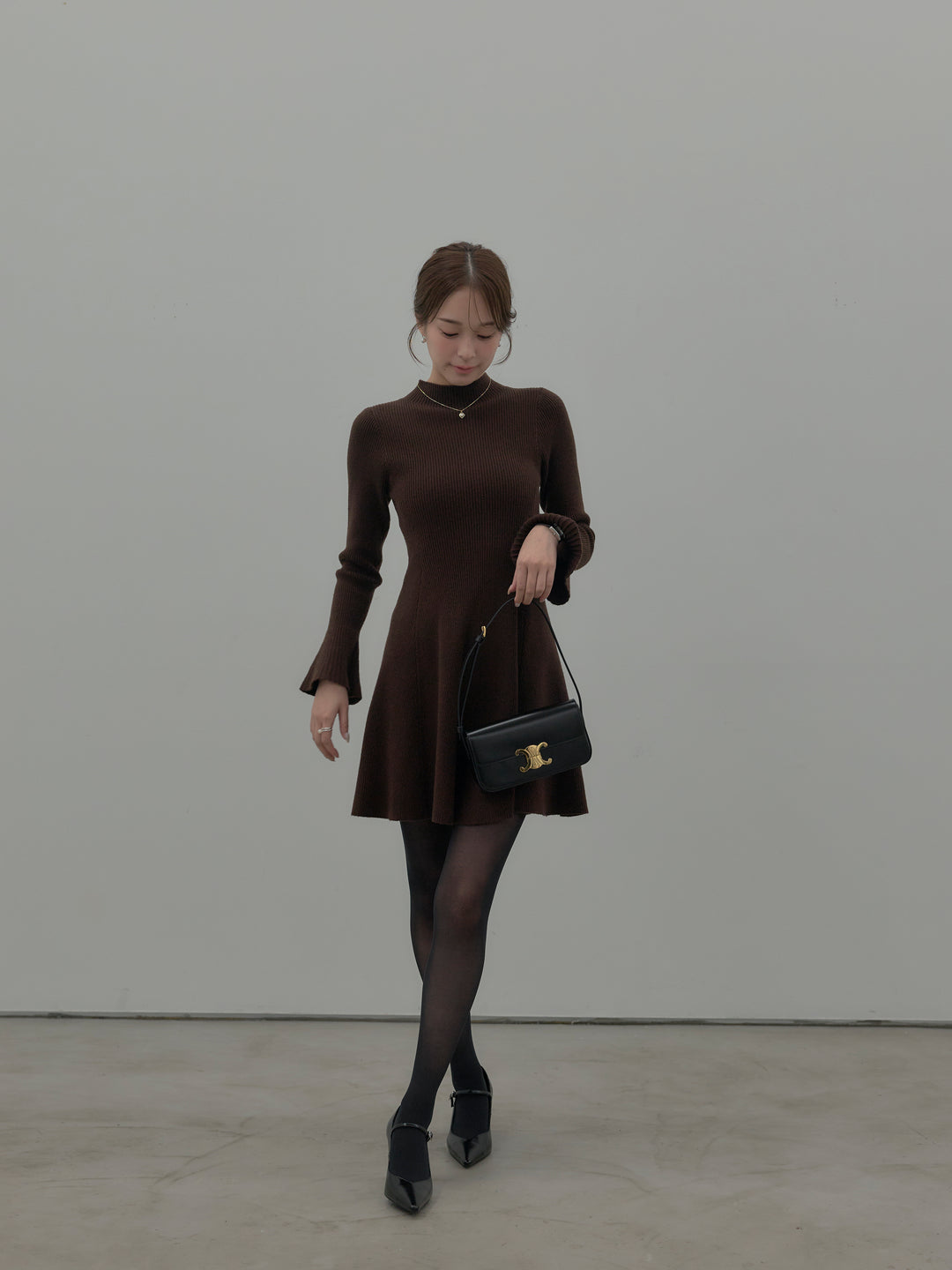 プチネックリブニットフレアミニワンピース