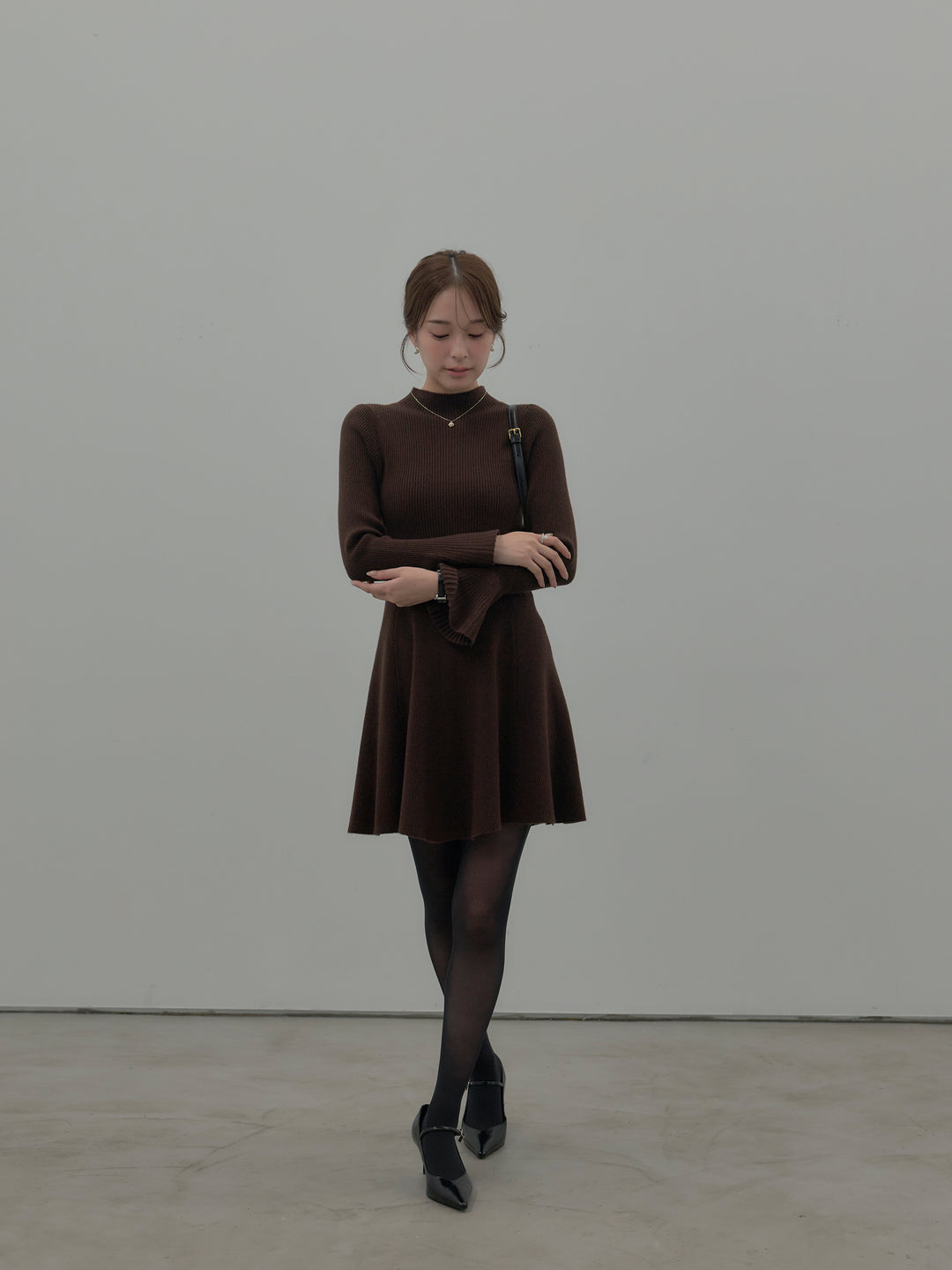 プチネックリブニットフレアミニワンピース