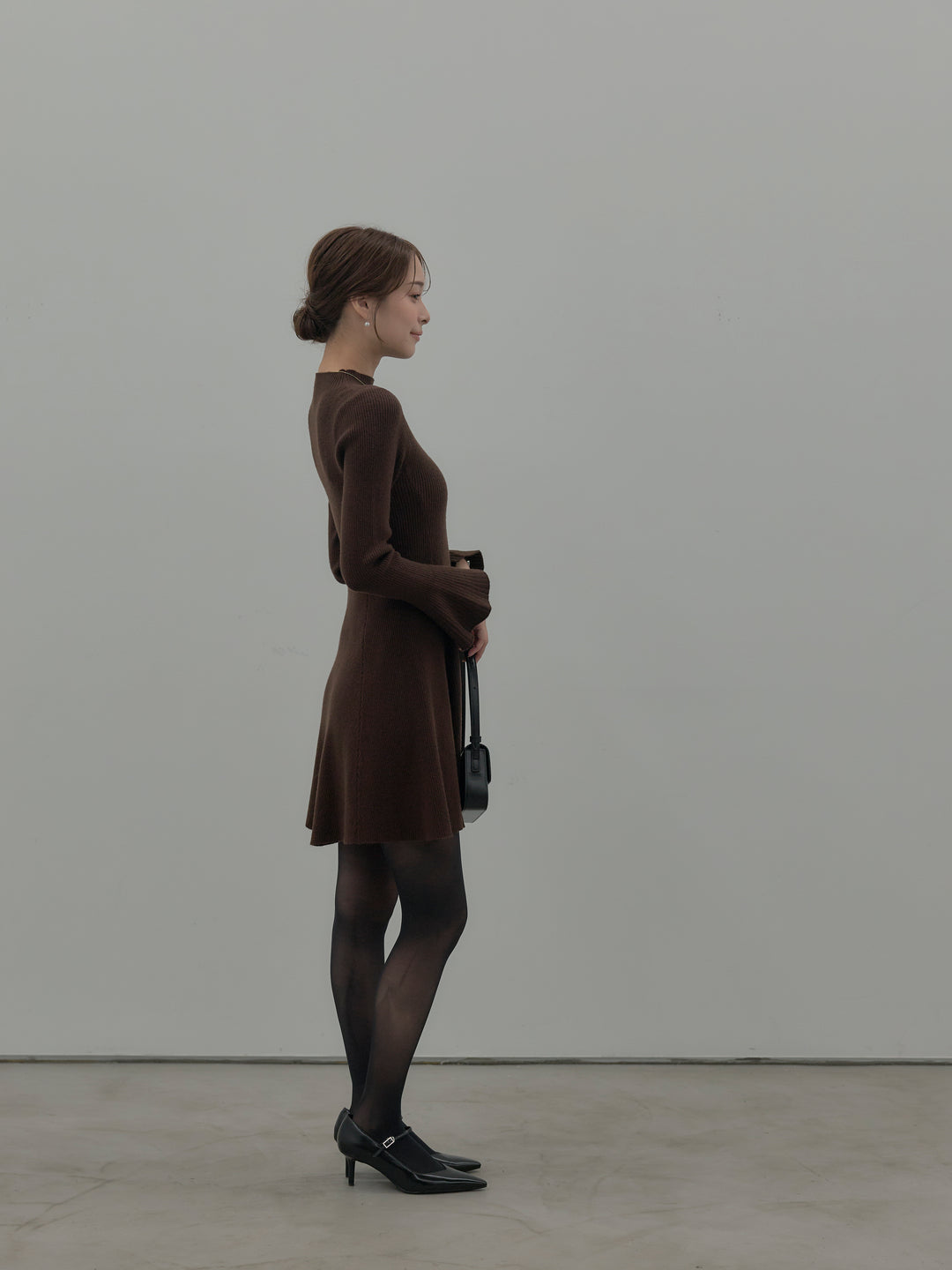 プチネックリブニットフレアミニワンピース