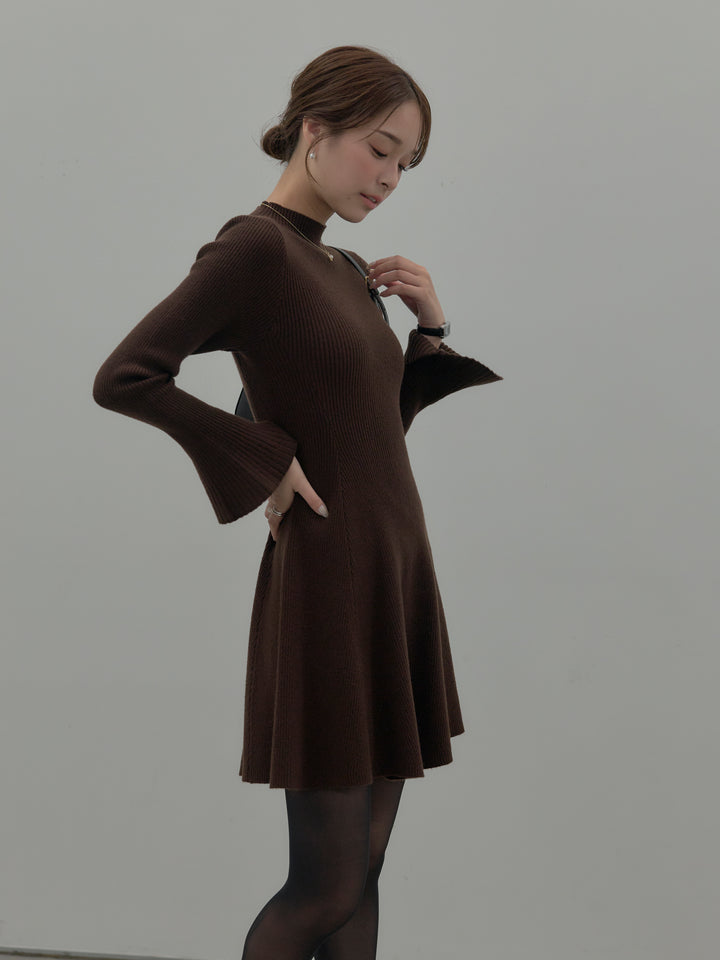 プチネックリブニットフレアミニワンピース