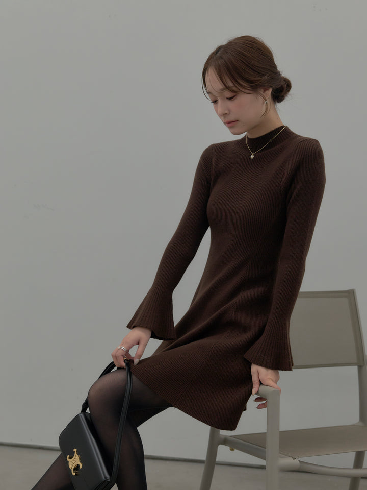 プチネックリブニットフレアミニワンピース