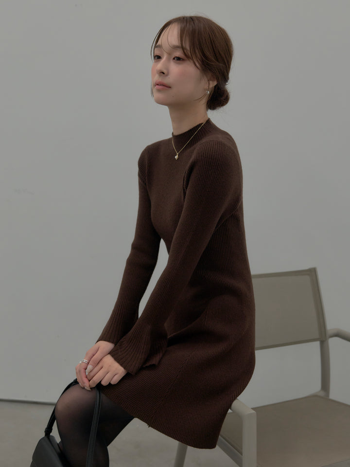 プチネックリブニットフレアミニワンピース