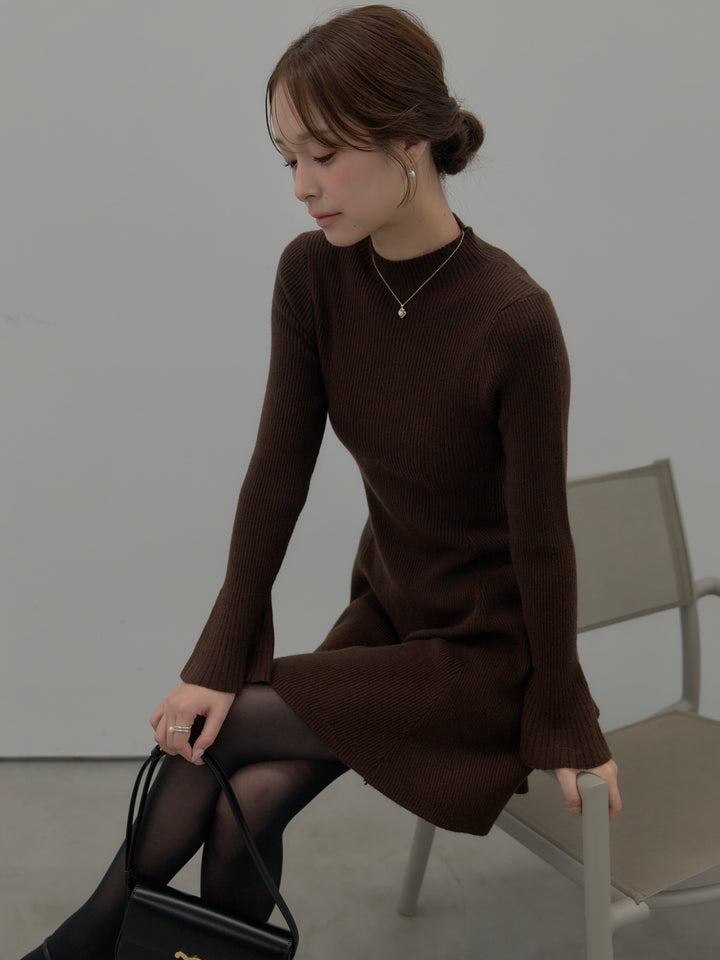 プチネックリブニットフレアミニワンピース