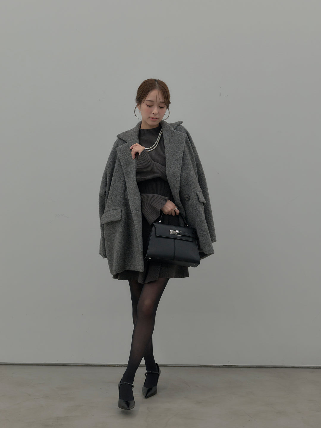 プチネックリブニットフレアミニワンピース