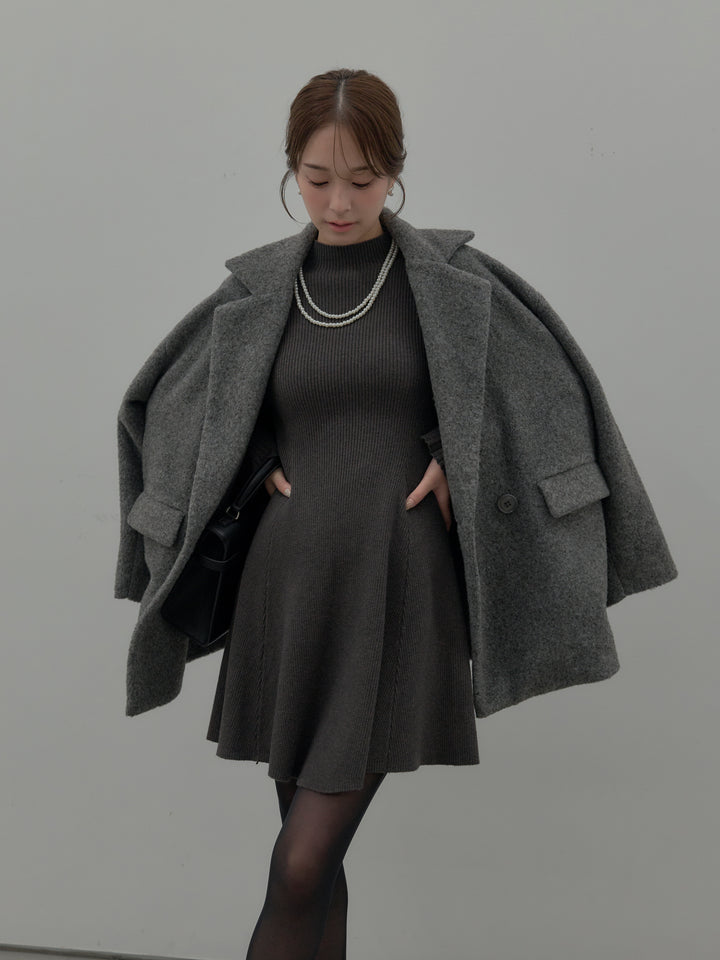 プチネックリブニットフレアミニワンピース