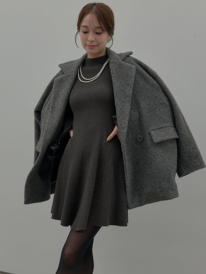 プチネックリブニットフレアミニワンピース