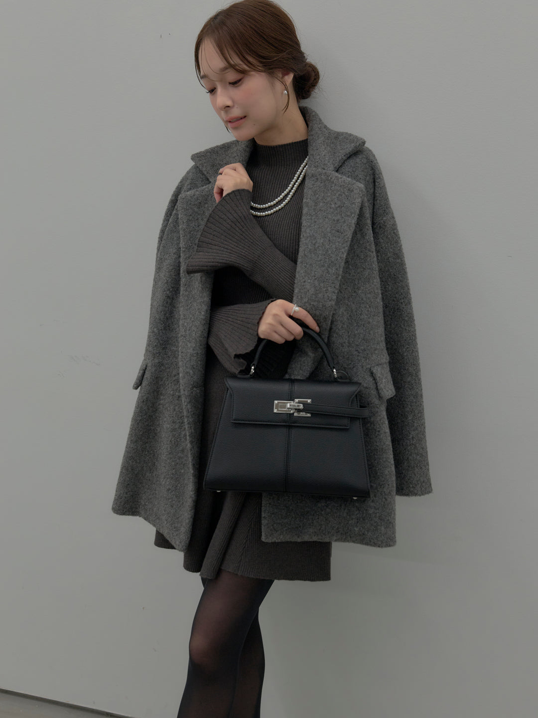 プチネックリブニットフレアミニワンピース