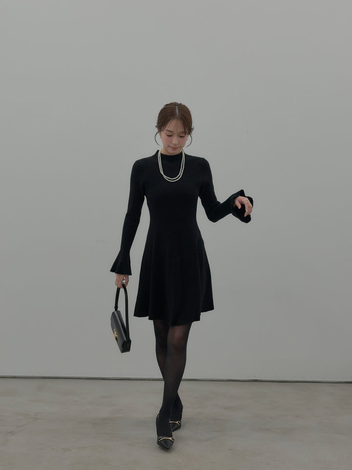 プチネックリブニットフレアミニワンピース