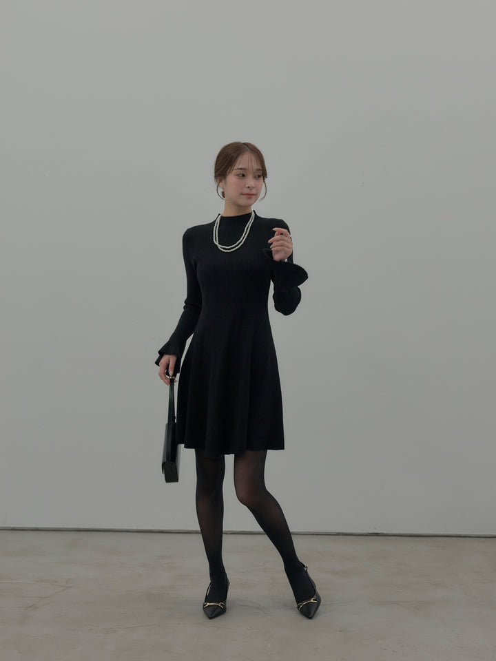 プチネックリブニットフレアミニワンピース