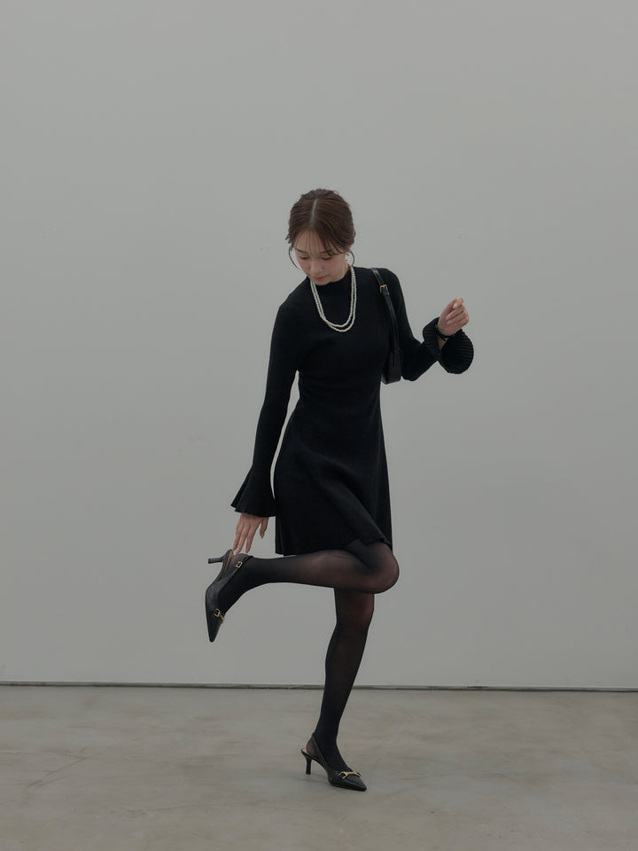 プチネックリブニットフレアミニワンピース