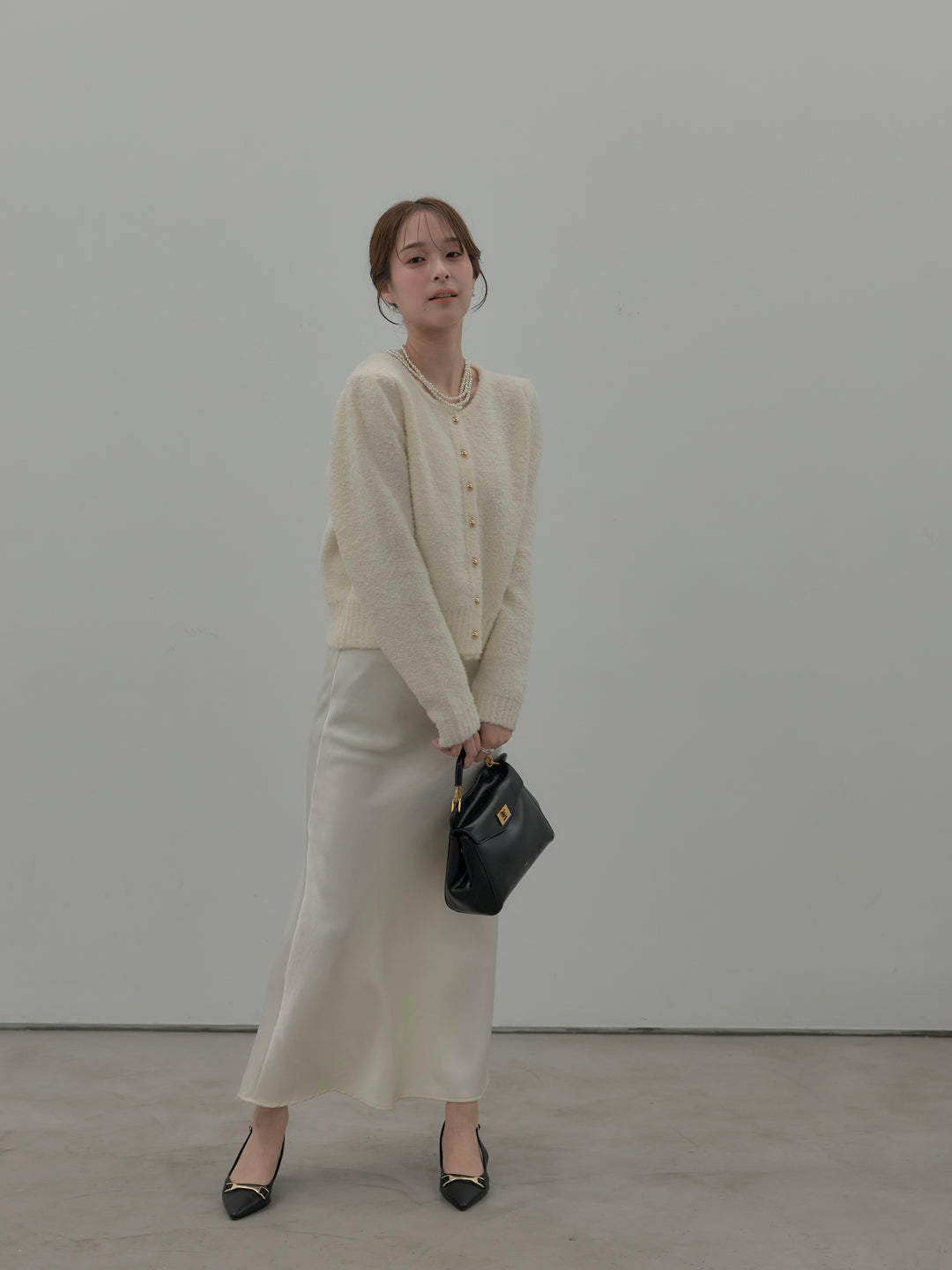 【SET】プードルニットパフスリーブカーディガン+ナローAラインサテンスカート(2set)