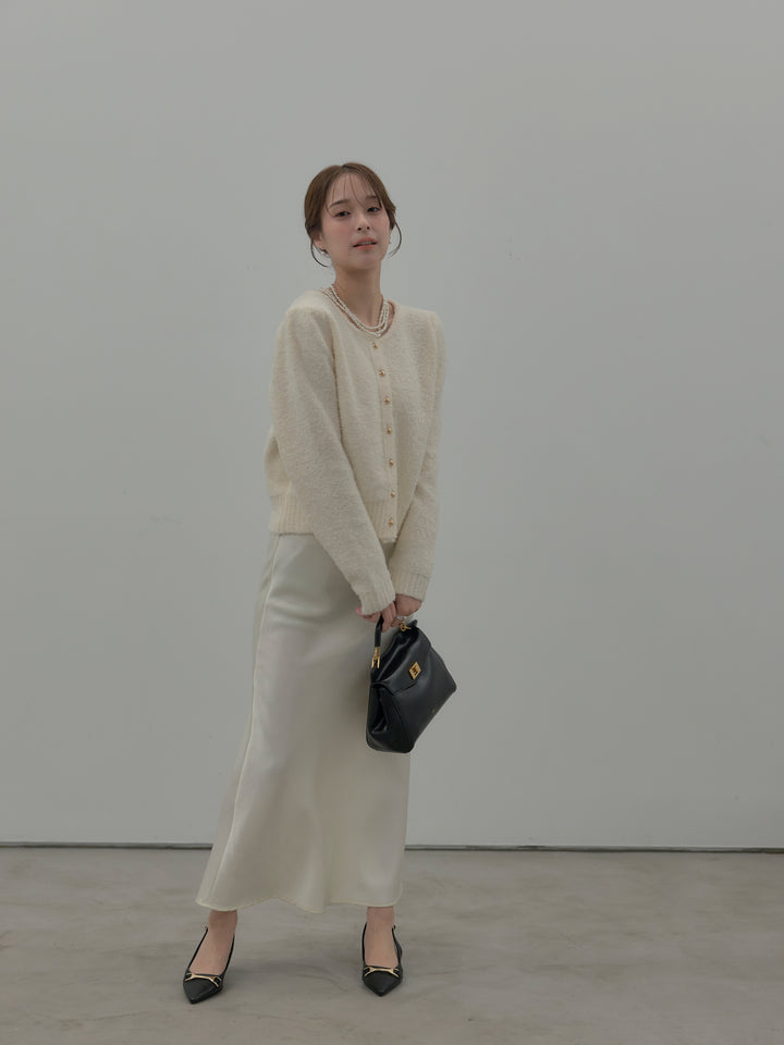 【SET】プードルニットパフスリーブカーディガン+ナローAラインサテンスカート(2set)