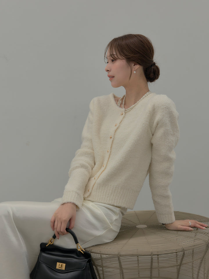 【SET】プードルニットパフスリーブカーディガン+ナローAラインサテンスカート(2set)