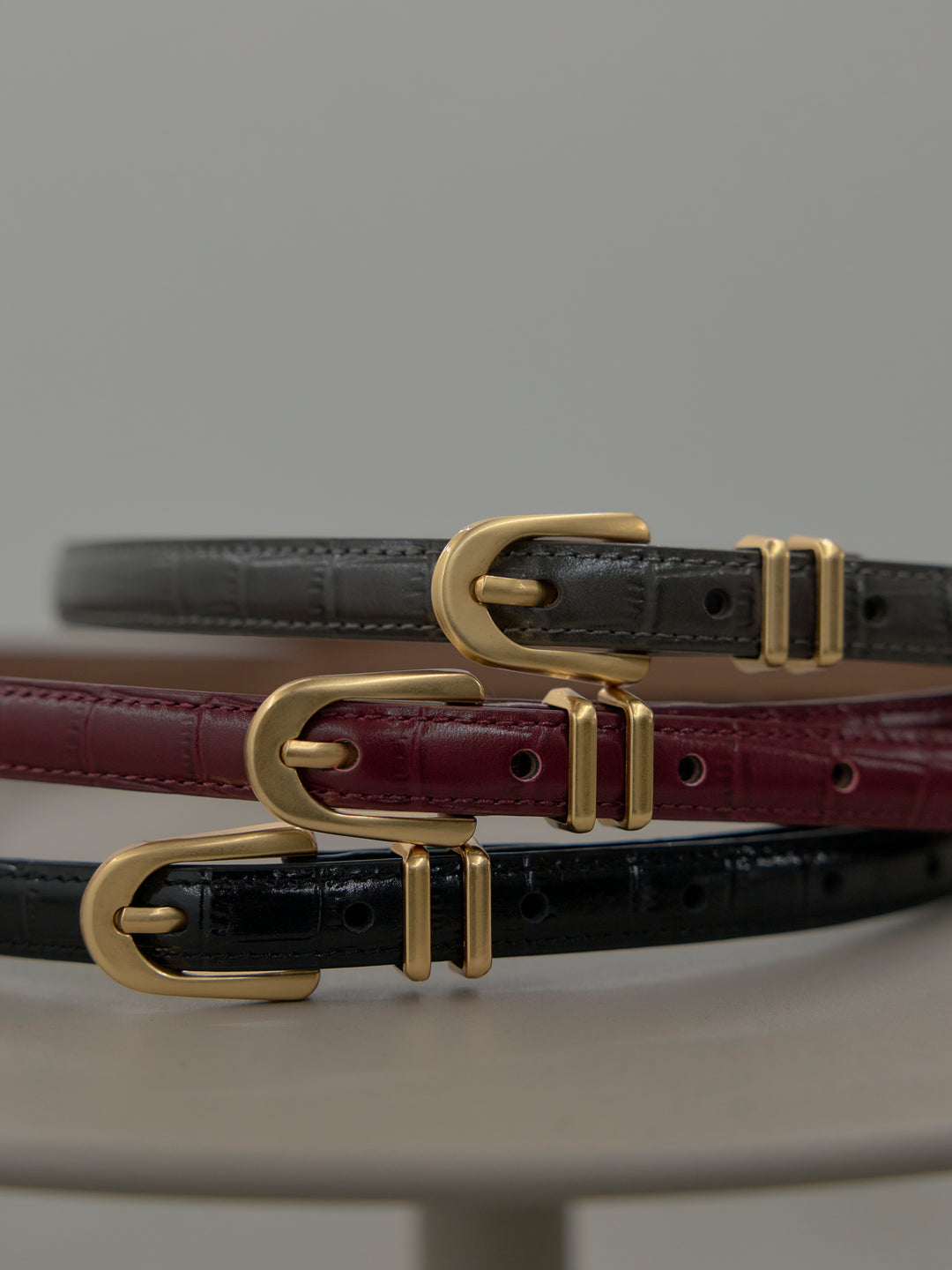 【SET】ベーシックゴールドミニバックルベルト+クロコ調エンボスミニバックルベルト(2set)