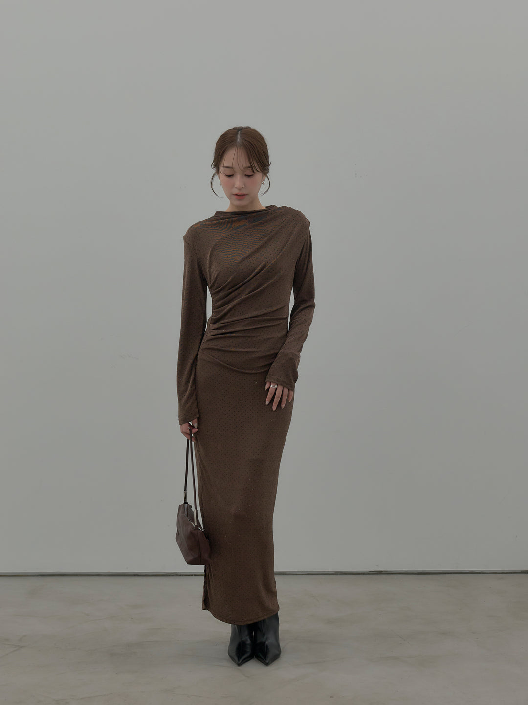 【SET】グリッターストーンドレープデザインロングドレス+モヘアライクオーバーニットカーディガン(2set)