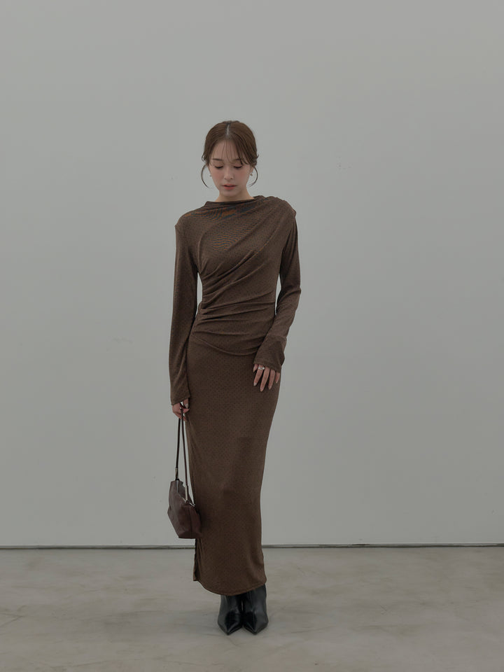 【SET】グリッターストーンドレープデザインロングドレス+モヘアライクオーバーニットカーディガン(2set)