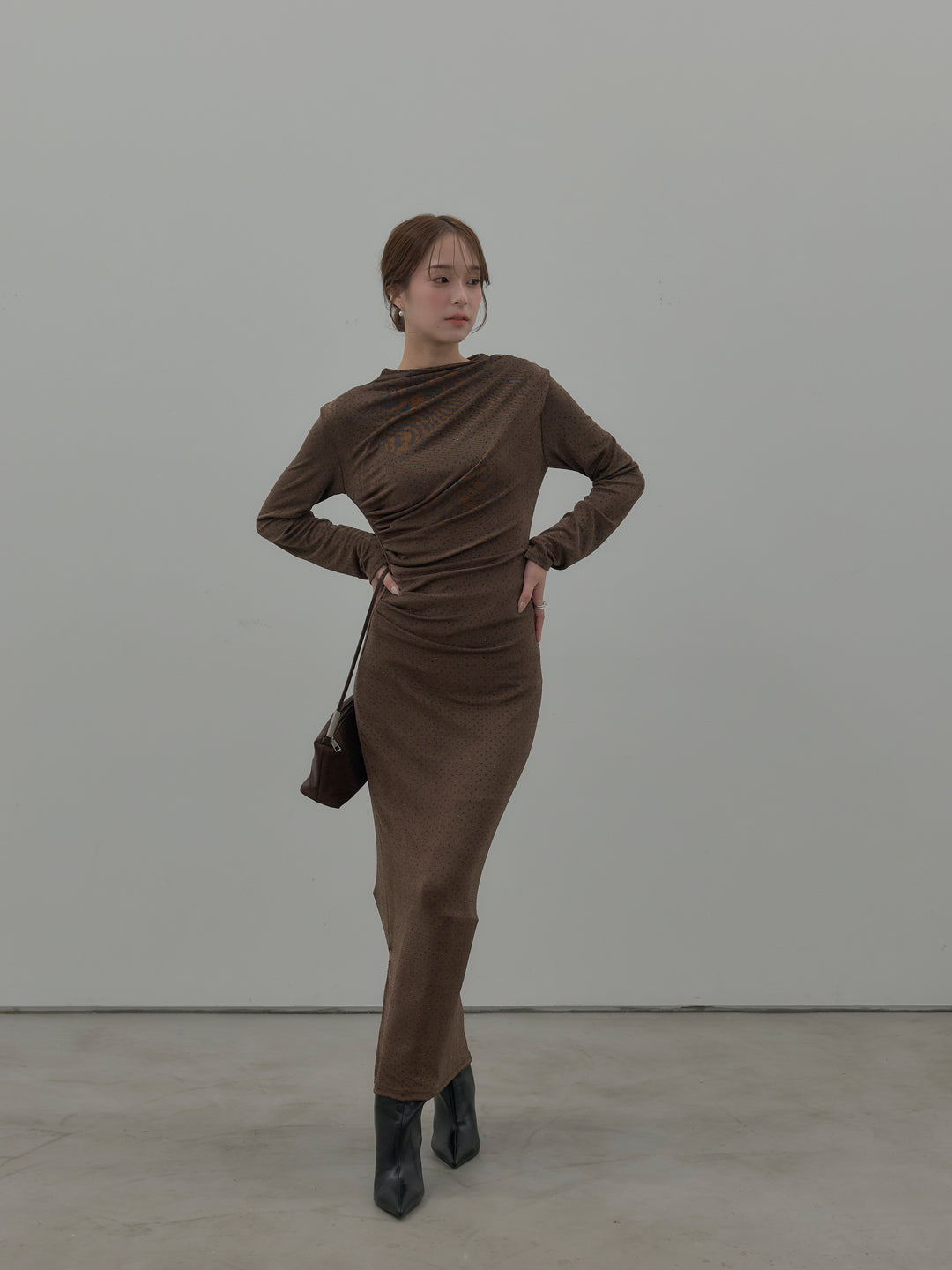 【SET】グリッターストーンドレープデザインロングドレス+モヘアライクオーバーニットカーディガン(2set)